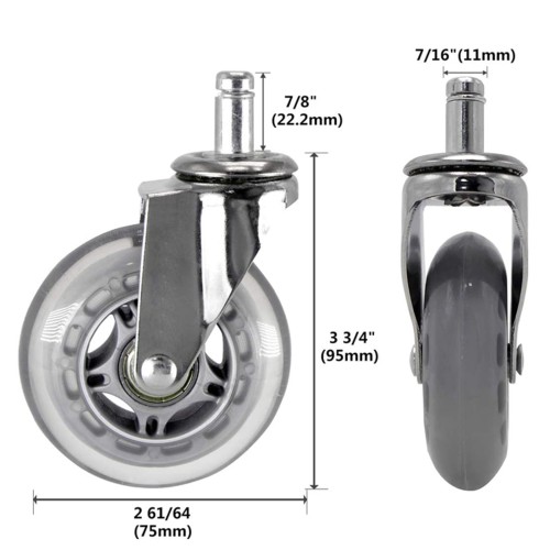 Silver Office Chair Wheels Replacement for Hardwood Floors and Carpet, PU Casters no Noise Safe Rolling, Set of 5 Heavy Duty Rollerblade Casters Fits 99% Office Chairs (Item #24C075SC)