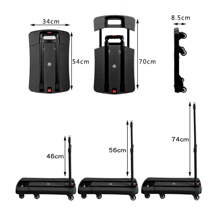 Folding Hand Truck, 350 lbs Capacity Luggage Cart, Utility Dolly Platform Cart with 6 Wheels & 2 Elastic Ropes for Luggage, Travel, Shopping, Moving, Office Use - Black （Item # 6WF-600BK） 