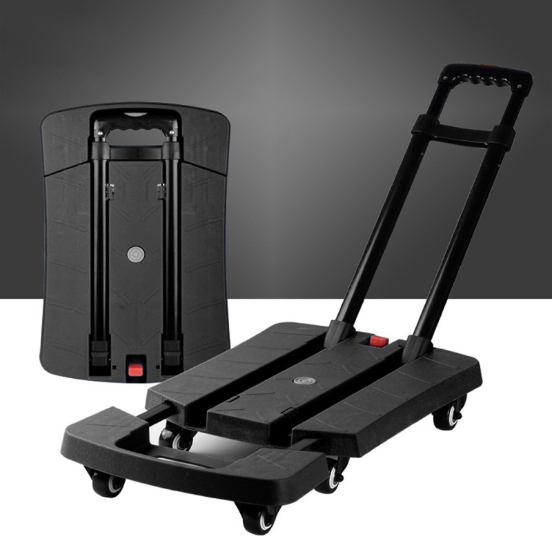 Folding Hand Truck, 350 lbs Capacity Luggage Cart, Utility Dolly Platform Cart with 6 Wheels & 2 Elastic Ropes for Luggage, Travel, Shopping, Moving, Office Use - Black （Item # 6WF-600BK）