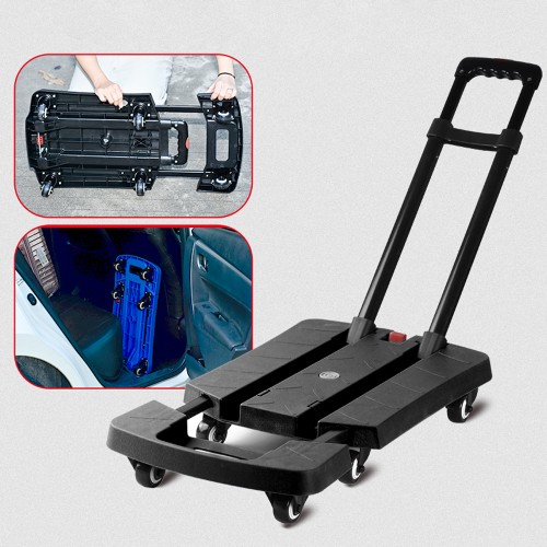 Folding Hand Truck, 350 lbs Capacity Luggage Cart, Utility Dolly Platform Cart with 6 Wheels & 2 Elastic Ropes for Luggage, Travel, Shopping, Moving, Office Use - Black （Item # 6WF-600BK）