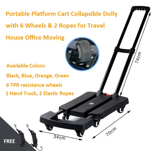 Folding Hand Truck, 350 lbs Capacity Luggage Cart, Utility Dolly Platform Cart with 6 Wheels & 2 Elastic Ropes for Luggage, Travel, Shopping, Moving, Office Use - Black （Item # 6WF-600BK）